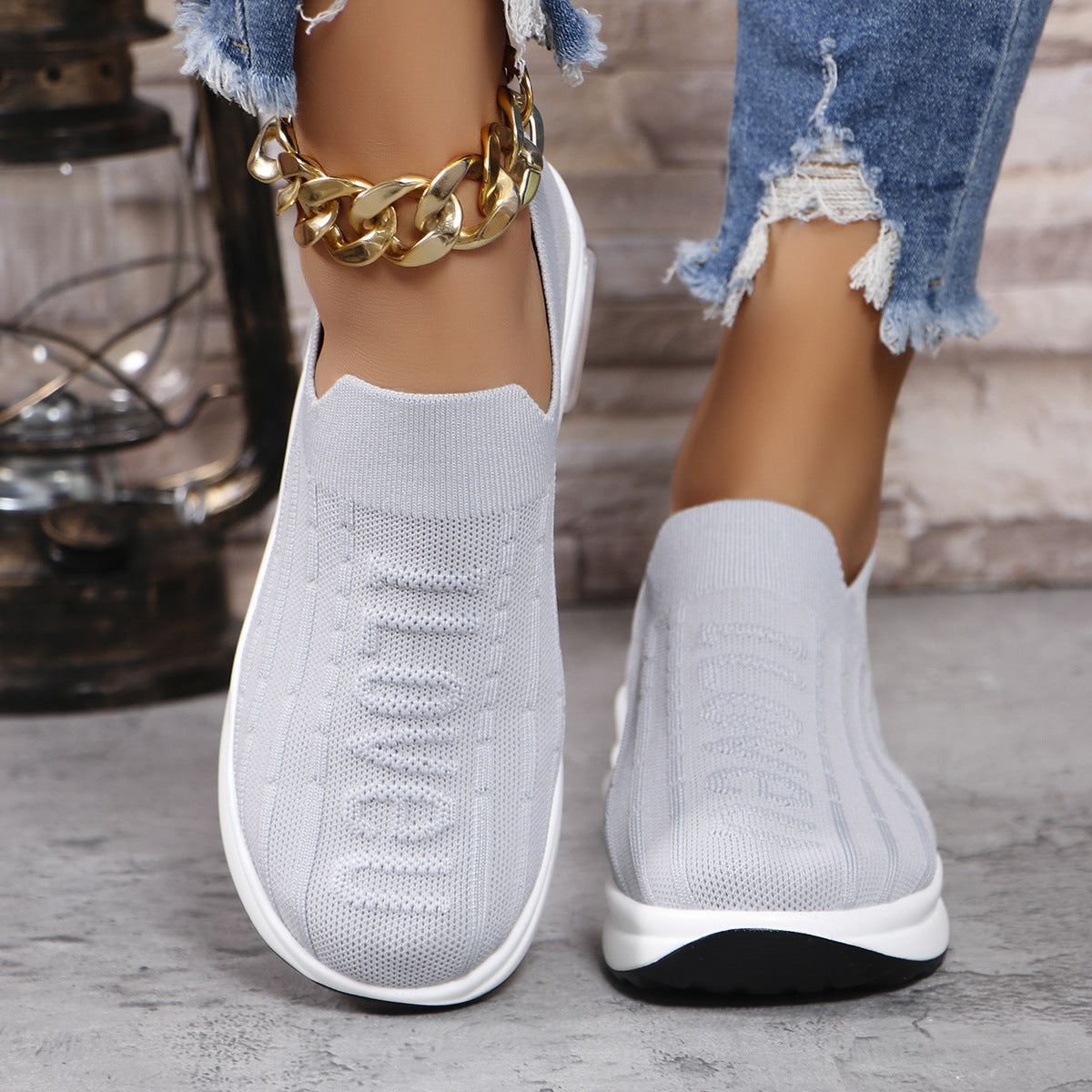 ILOVEU Round Toe Knit Detail Slip-on