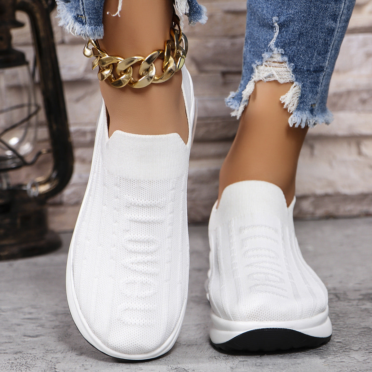 ILOVEU Round Toe Knit Detail Slip-on